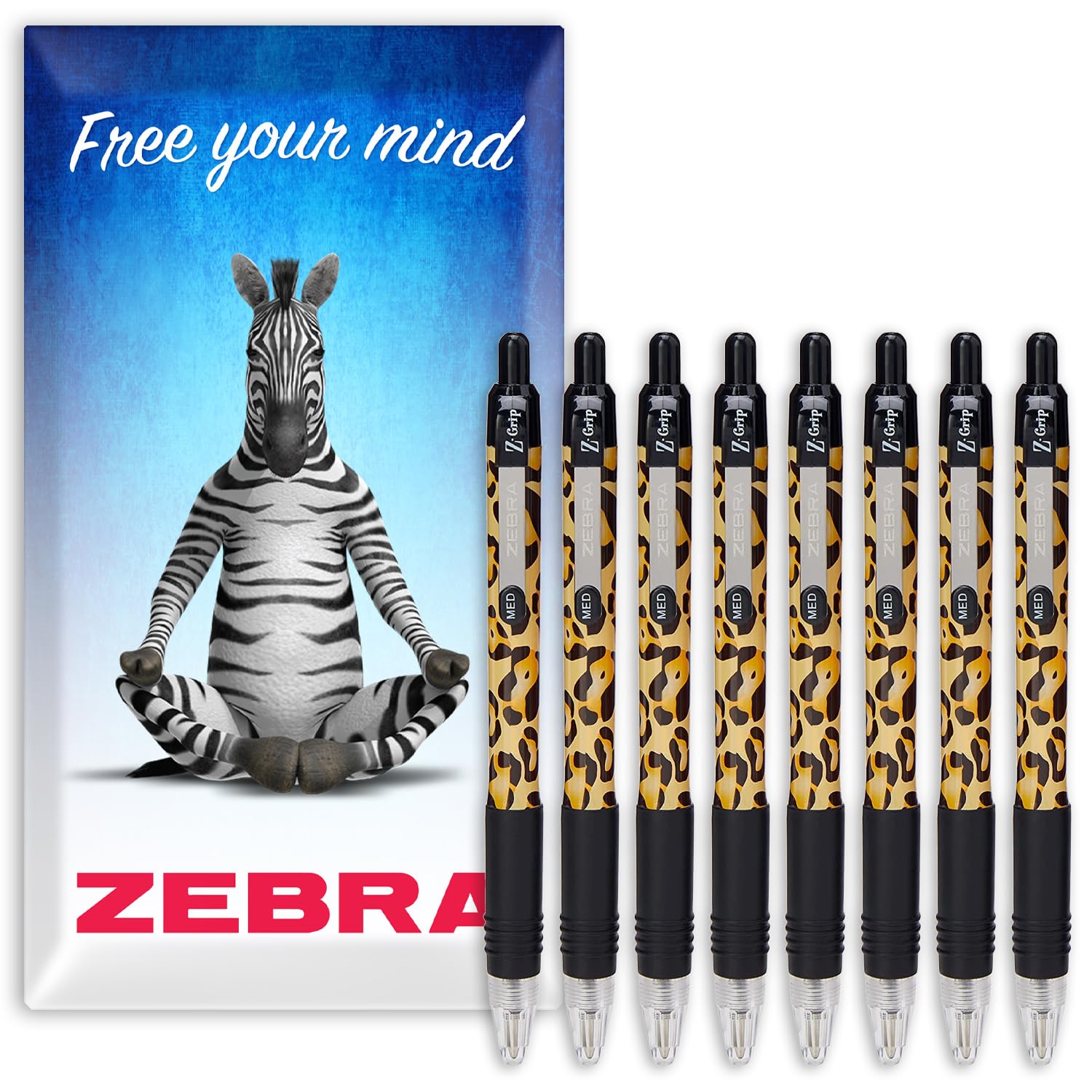 Zebra Z-Grip Pen Funky - Animal Pattern Novelty Retractable Ballpoint Pens - Black Ink - In Envelope Gift Packaging - 8 Pack (Cheetah)
