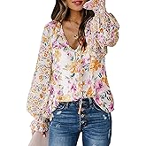 Biucly Women's Casual Boho Floral Print V Neck Long Sleeve Drawstring Tops Loose Blouses Button Down Shirts