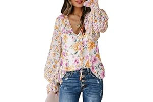 Biucly Women's Casual Boho Floral Print V Neck Long Sleeve Drawstring Tops Loose Blouses Button Down Shirts