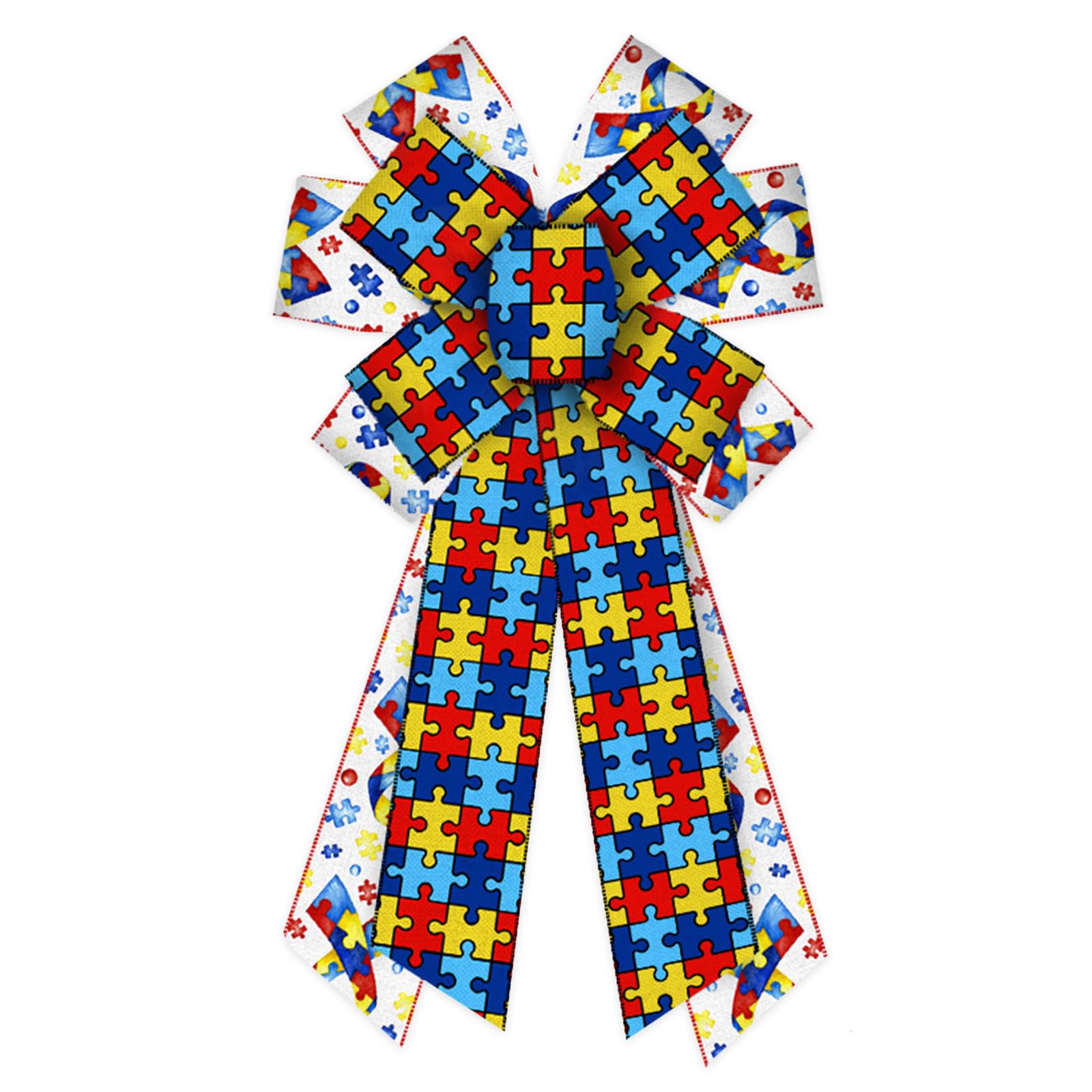 Photo 1 of ABTOLS Large Autism Awareness Bow for Wreath, Front Door, Colorful Burlap Ornament Tree Topper for Support Groups Fundraisers Indoor Outdoor Decor