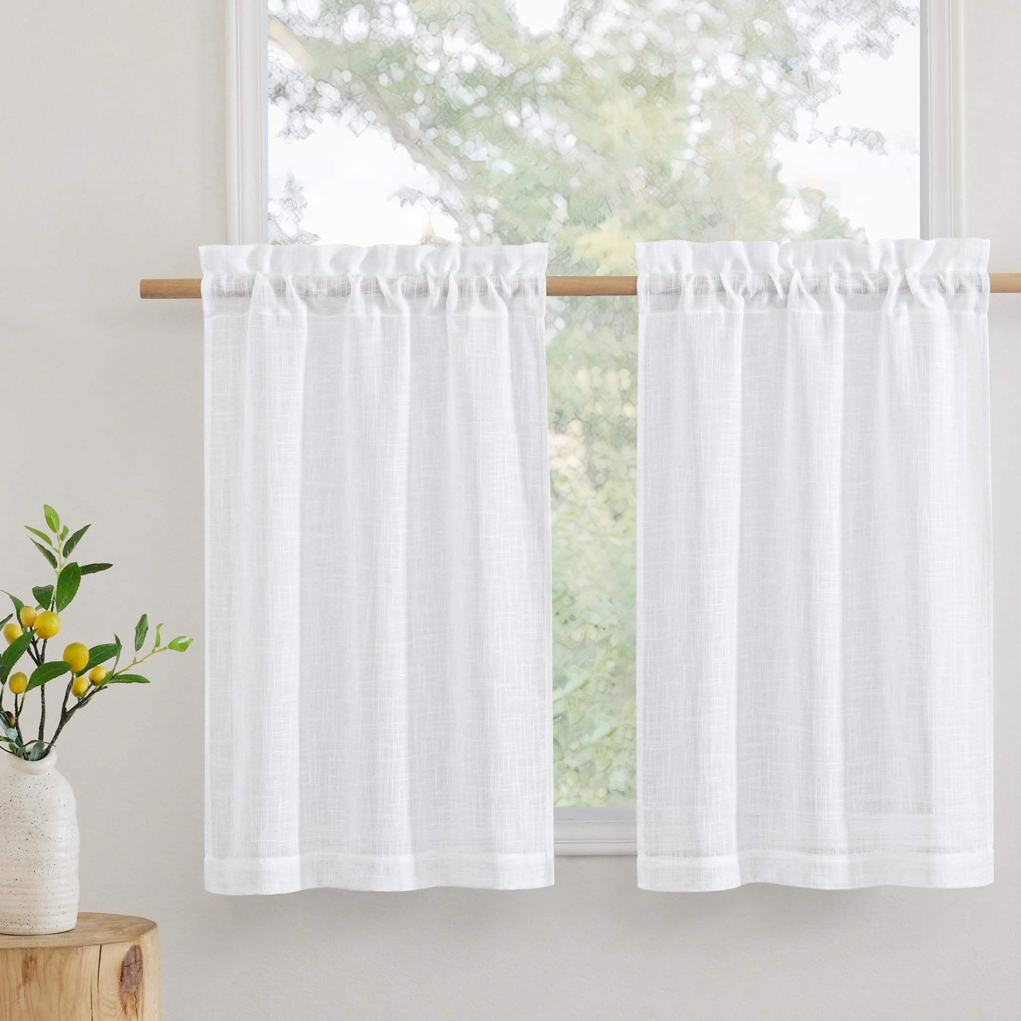 Photo 1 of ***ONLY ONE PANEL***RYB HOME Cafe Curtains 24 inches Length, Linen Sheer Short Curtains for Small Window, Half Privacy Light Filetring Tier Valance for Kitchen Bathroom Window Over Sink, W 26 x L 24, White, 2 Panels Set