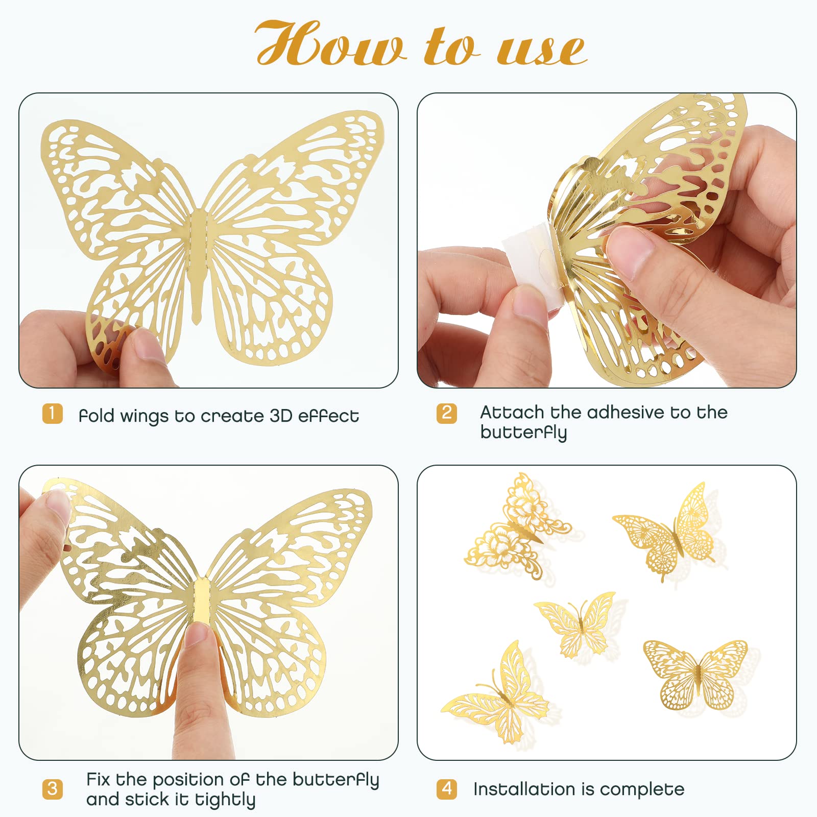 3D Gold Butterfly Decorations Butterflies Stickers, XUNXMAS 48Pcs 4 Styles 3 Sizes Butterfly Wall Decor Party Birthday Cake Decorations, Removable Stickers Decals for Mirror Kids Room Bedroom Wedding