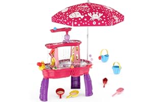 HYES Water Table for Toddlers with Umbrella, 3-Tier Rain Showers Splash Pond Water Table, Summer Toy for Outdoor Beach Backya