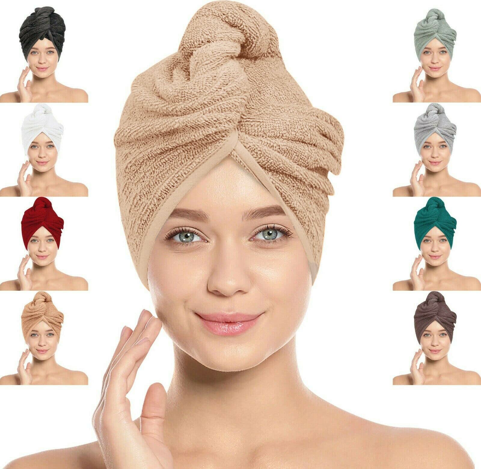 LOOM KNIT Hair Towel Wrap Lightweight Turban, Instant Drying 100% Cotton Hair Cap Super Quick Absorbent Anti-Frizz Twist Towelling Dry Hat with Button and Loop for Long Curly Hairs, 64 x 24CM