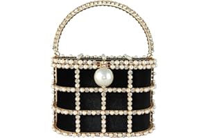 BOUTIQUE DE FGG Synthetic Pearl Top-Handle Women Metal Bucket Bag Crystal Evening Purses and Clutches Formal Wedding Handbags