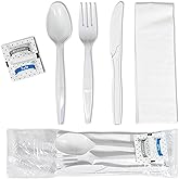 Value Plus (500 Count) 6 Piece Medium Heavy White Plastic Cutlery Packets, Knife Fork Spoon Napkin Salt Pepper Portions, Indi