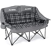 Huskfirm Padded Double Camping Chair High Back Double Seat Camping Chair Oversized Camping Loveseat Support 800LBS Heavy Duty Camping Couch with Cup Holders, Cooler, Carry Bag, Grey