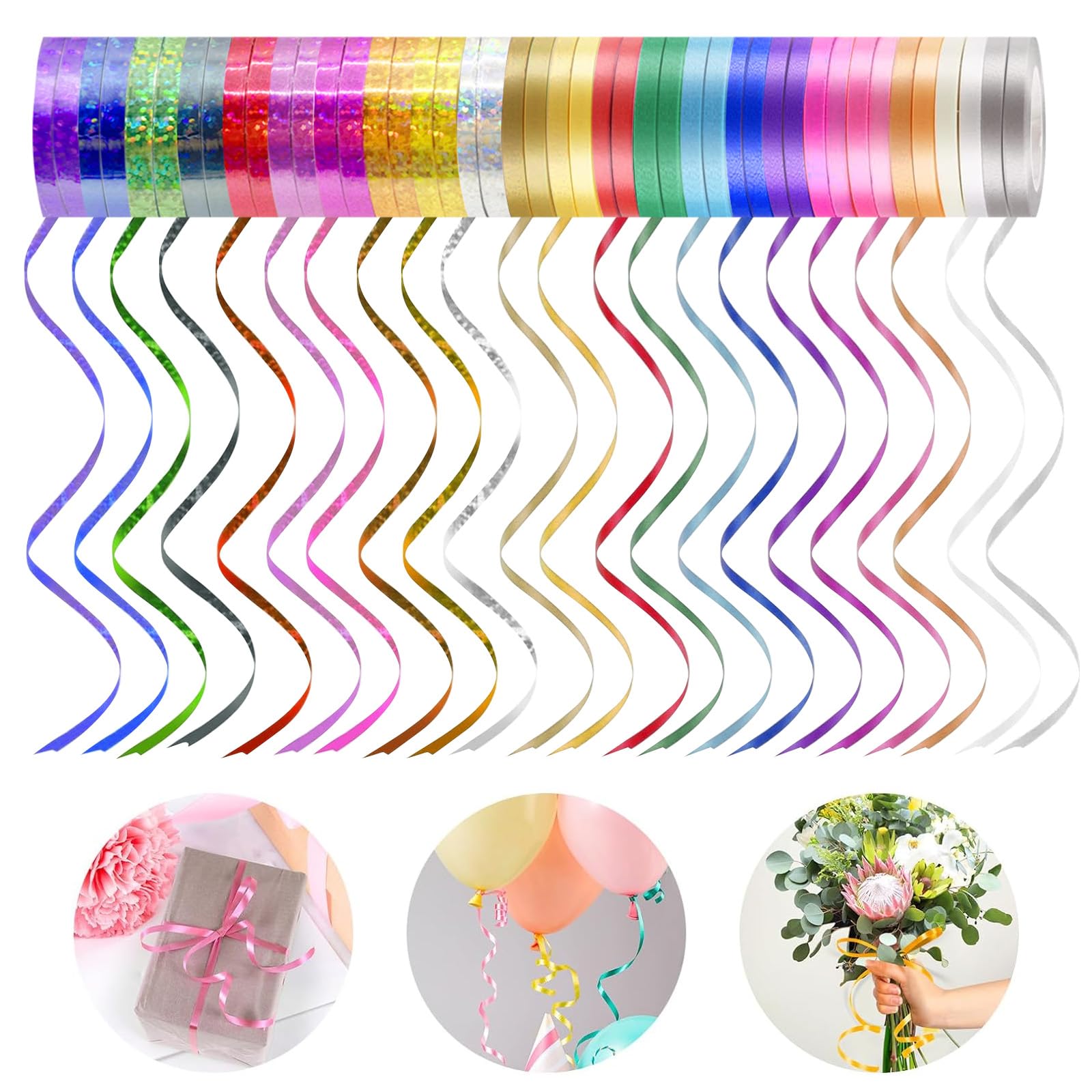 44 Rolls Assorted Colors Curling Ribbon, 5MM X 10M Multicolor Balloon String Roll Gift Wrapping Ribbons, Mix Shiny Crimped Ribbon Double Sided Satin, Colorful Silky Curling Ribbon for Party Wedding