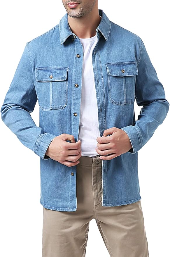 AIRBONE LEATHERS Men's Long Sleeve Quilted Lined Denim Shirt Jacket at