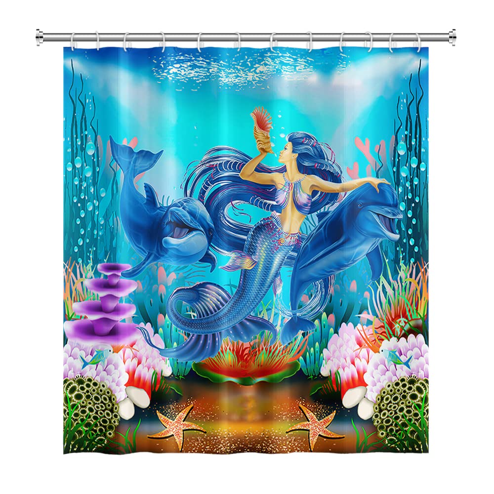 SDOTPMT 175x190cm Mermaid Whale Shower Curtain Marine Animal Seaweed Coral Reef Starfish Bath Curtain Underwater Seascape Bathtub Curtain for Bathroom Fabric Polyester Waterproof with Hooks — image 1