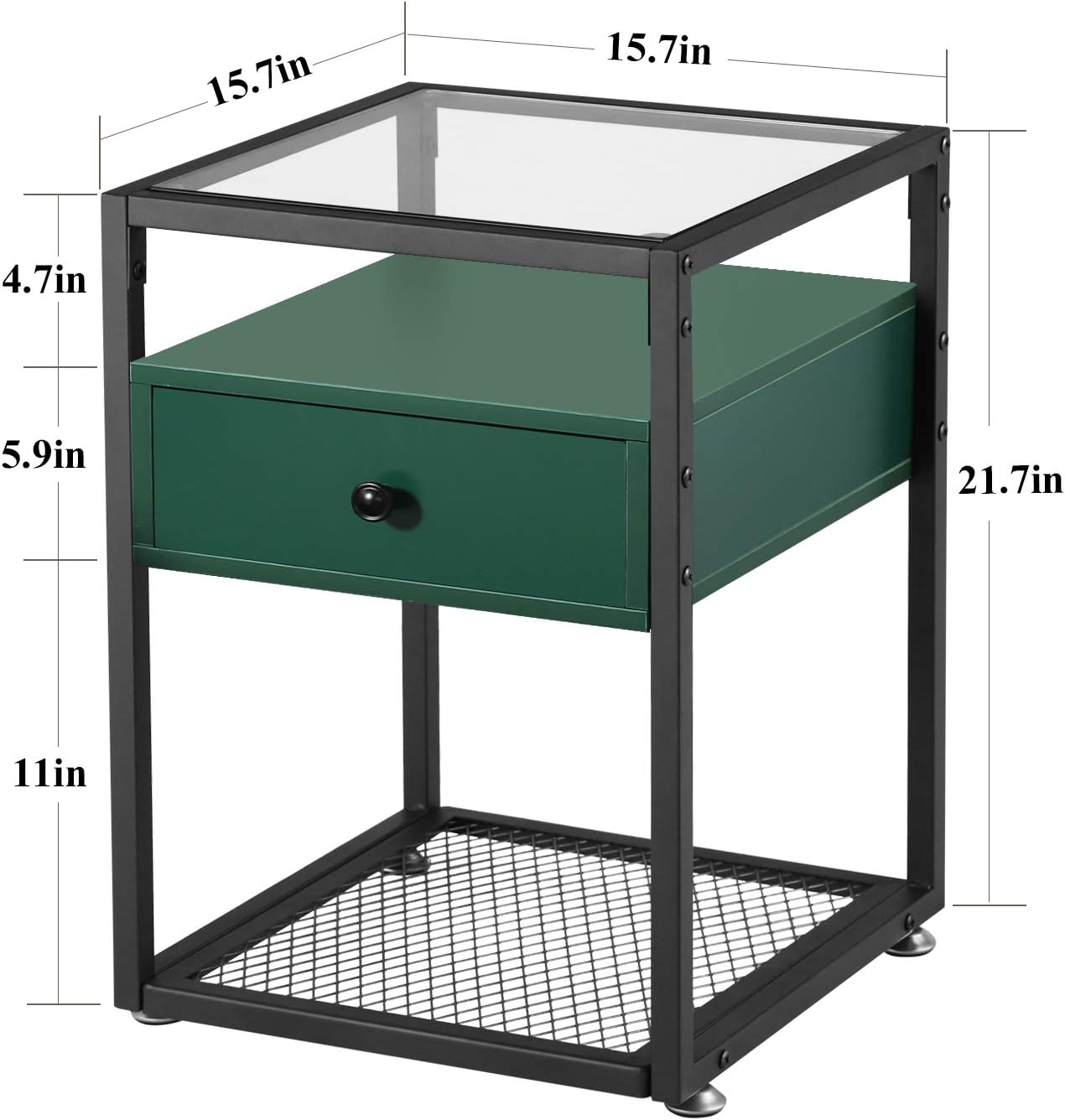 VECELO Nightstand, Tempered Glass End Table, Cabinet with Drawer and Rustic Shelf Decoration in Living Room,Bedroom,Lounge, Green: Home & Kitchen