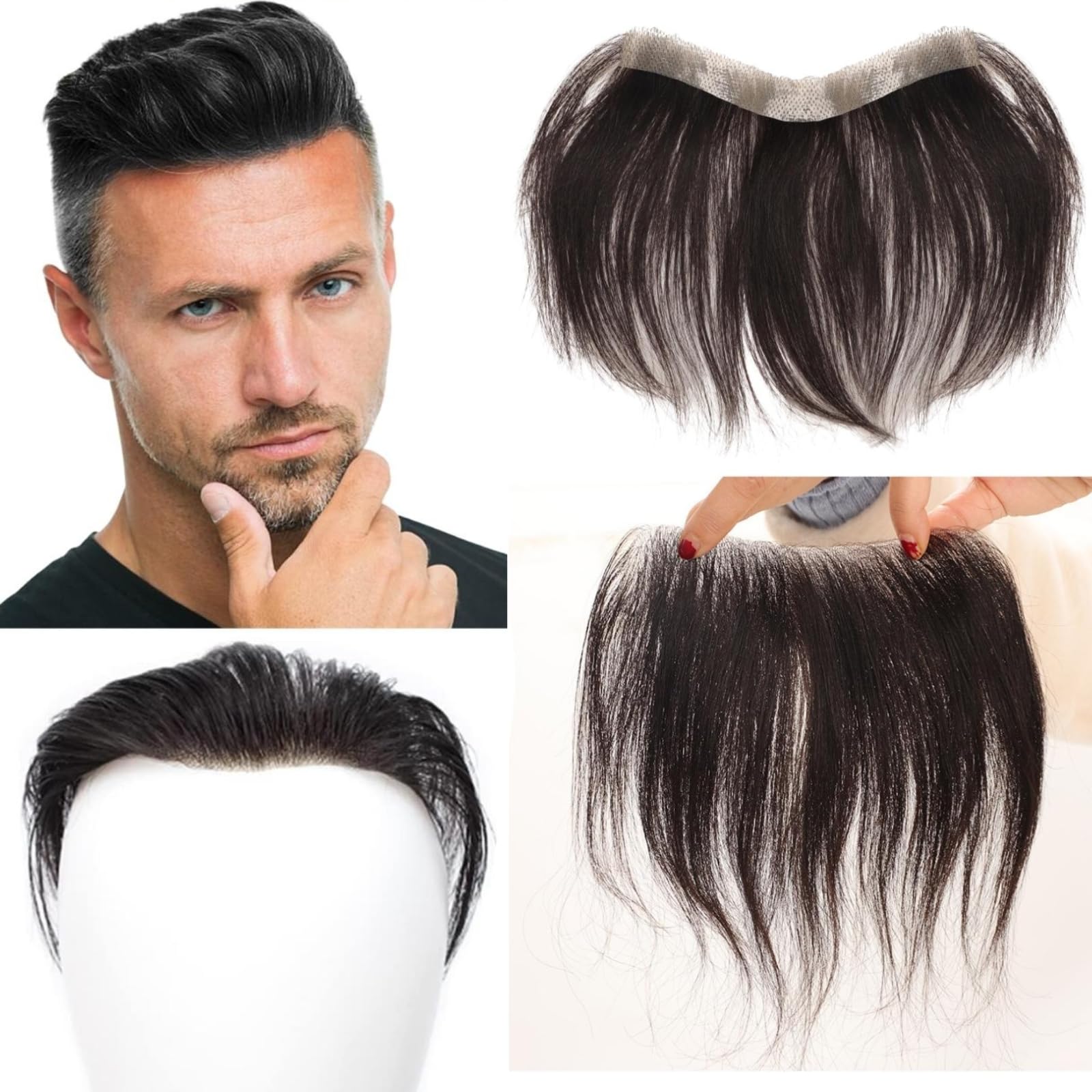 OUBFUUY Hair Men Forehead Hairline Toupee Hd Black Hair for Frontal Hairpiece 100% Human Hair Topper Hairpiece Pu Thin Skin (1.5X16X20Cm)