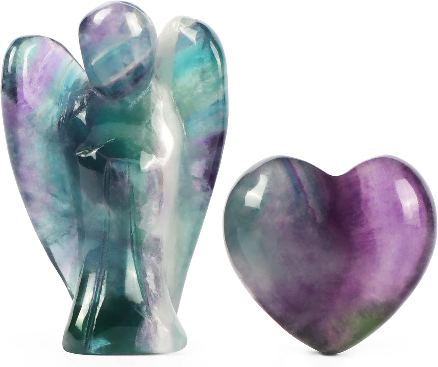 Hardscaping Materials - Artistone Rainbow Fluorite Crystal Guardian Angel and Heart Stone Set, Natural Healing Pocket Angel Figurines Small Love Heaven Gemstones for Your Love