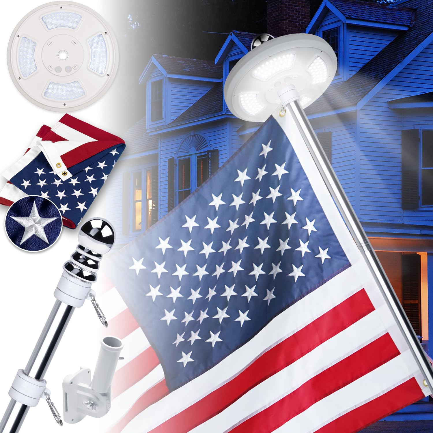 Photo 1 of Delux American Flag with Pole and Solar Light Kit, 6 FT No Tangle Metal Pole with Holder, 128 LED Solar Powered Light, Embroidered Flag 3x5 FT, Set for 10 Hours Use for Night House Outdoor(Silver)