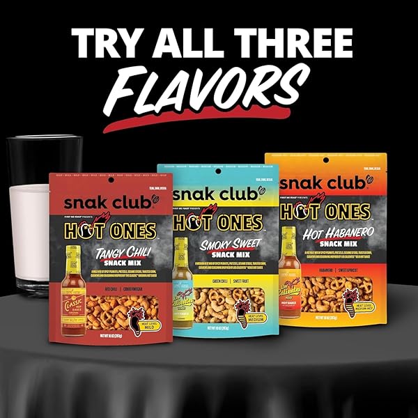 SNAK CLUB X HOT ONES HOT HABANERO SNACK MIX, SPICY SNACKS WITH PEANUTS, PRETZELS, SESAME STICKS, TOASTED CORN & CASHEWS, INSPIRED BY HOT ONES HOT SAUCE, 10 OZ BAG