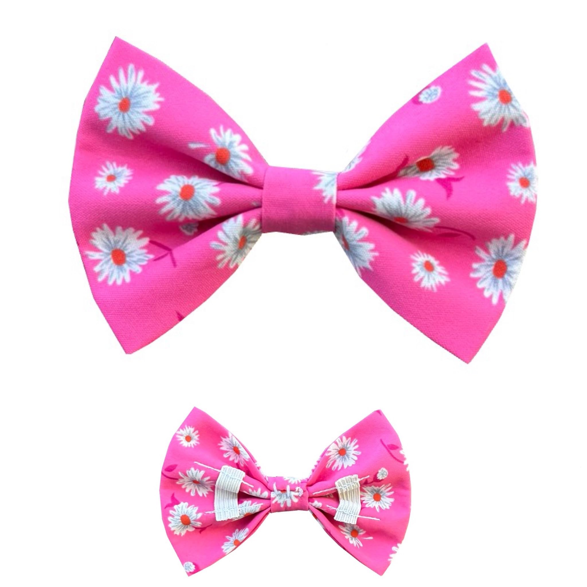 New Dog Bow Tie Bowtie flowers pink summer Cotton Elastic Band attach COLLAR ACCESSORY Handmade UK (Pink flowers MEDIUM)
