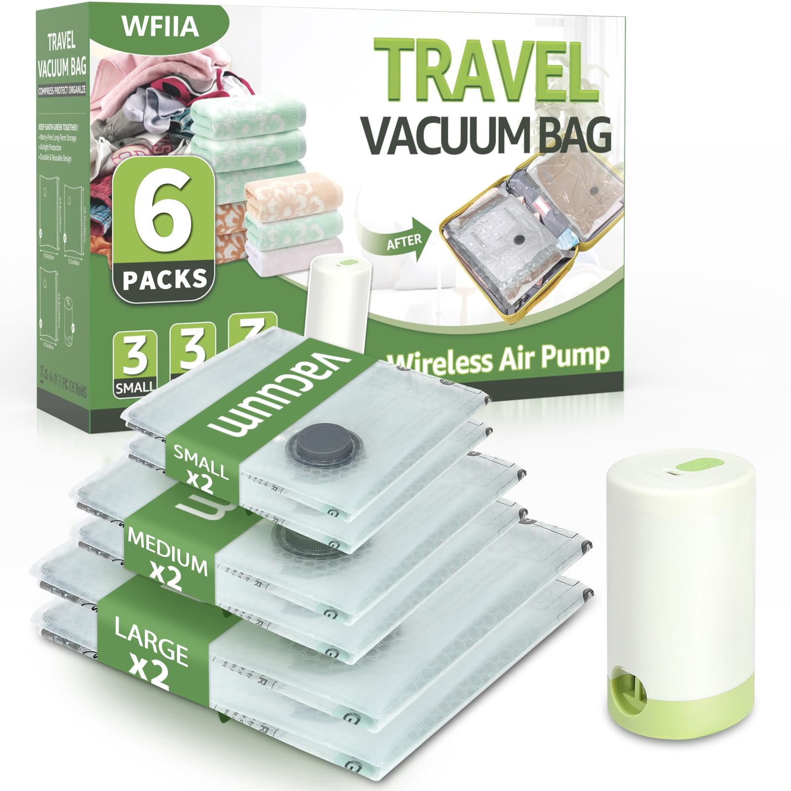 Vacuum Bags for Travel with Rechargeable air Pump, 3 Sizes Vacuum Seal Bags for Clothing, Space-Saving Compression Storage Bags for Travel & Closet Organization (6)