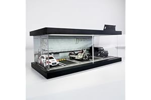 Bivitre 1/64 Model Car Display Case - Compatible with Hot Wheels Matchbox Mini GT Diecast Cars,Acrylic Box for Toy Cars Display Décor and Storage,Stackable Garage Diorama with LED Lights(1T-Motor)