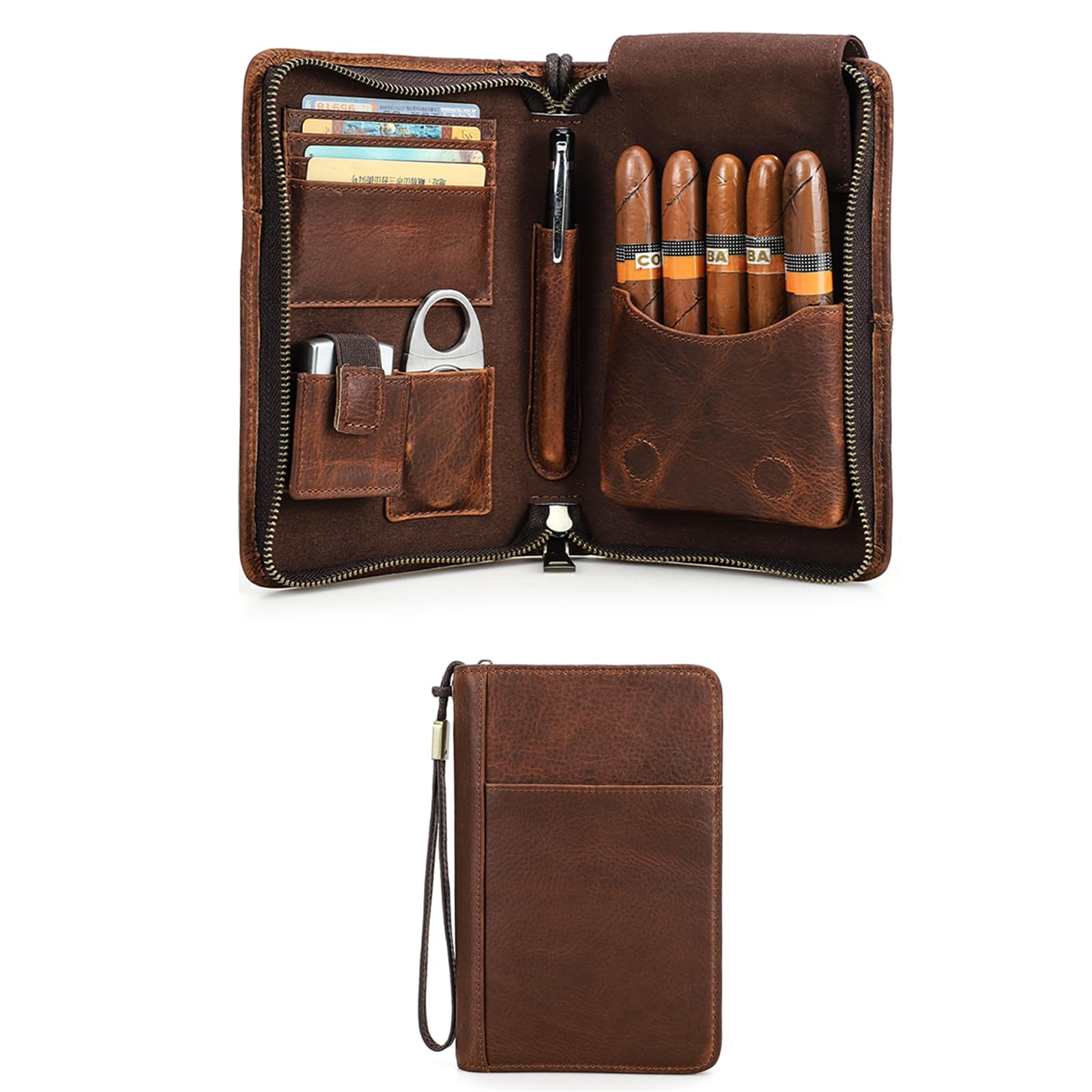 Hiram Cigar Travel Case, Genuine Leather Cigar Humidor Hold 5 Cigars Portable Cigar Box with Cigar Cutter Lighter Pocket, Multifunctional Humidor Bag with Cards Slot, Cellphone Pocket (Brown) — image 1