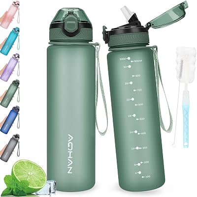 AOHAN 1L Water Bottle Leak Proof Lid BPA Free with Straw Carry Strap