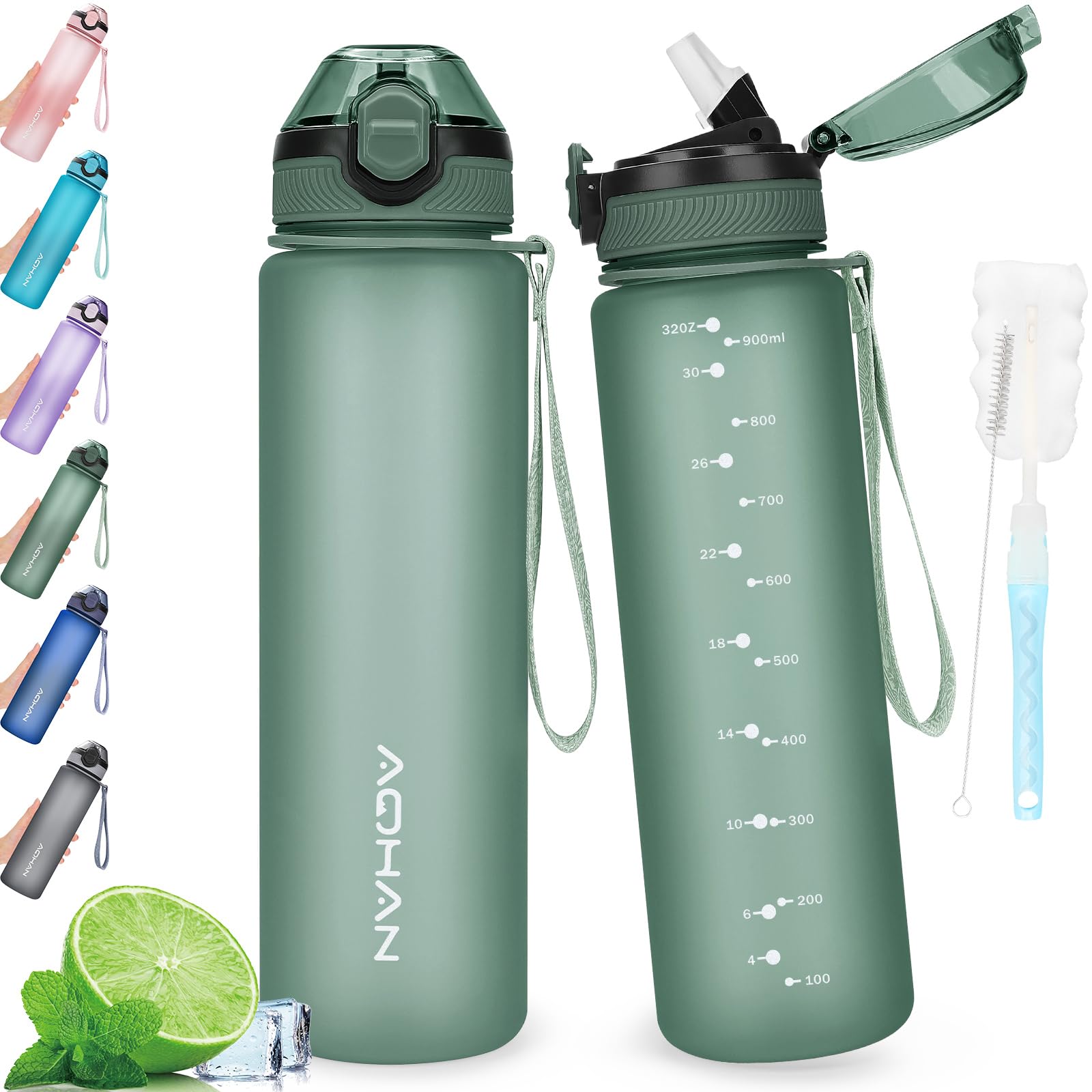 AOHAN Water Bottle 1L with Leak Proof Flip Top Lid, BPA Free Sport Drinking Bottle with Straw, Dishwasher Safe Water Bottle Non-Toxic Water Jug with Carrying Strap