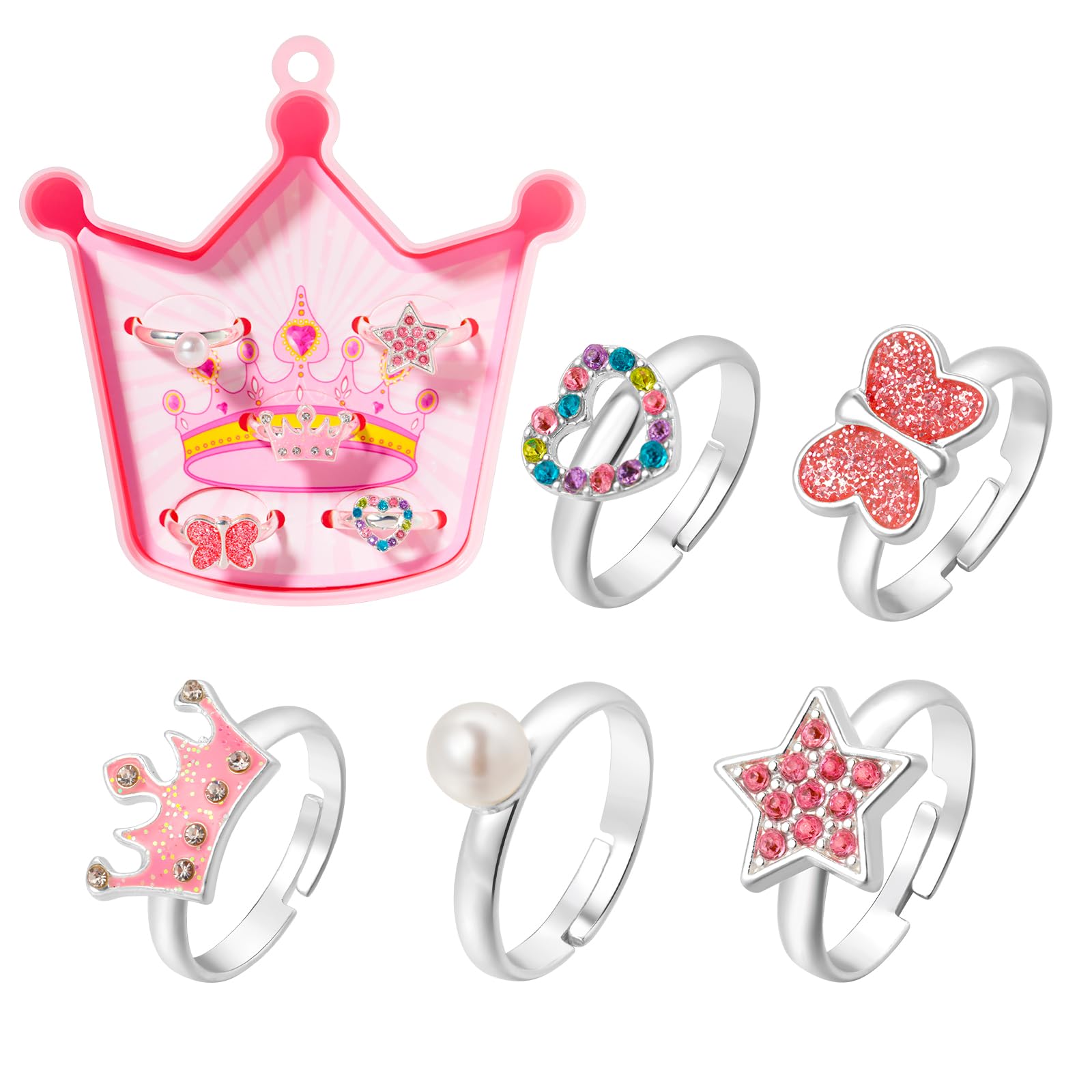 PinkSheep Little Girl Dress Up Rings Set, Adjustable, Unique Designs, Pretend Play Jewellery in Box (5pcs-Crown box)