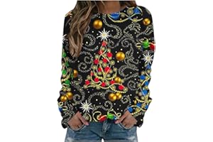 fartey Womens Ugly Christmas Sweatshirt Cute Holiday 3D Print Tops Long Sleeve Round Neck Pullover 2023 Christmas Sweaters