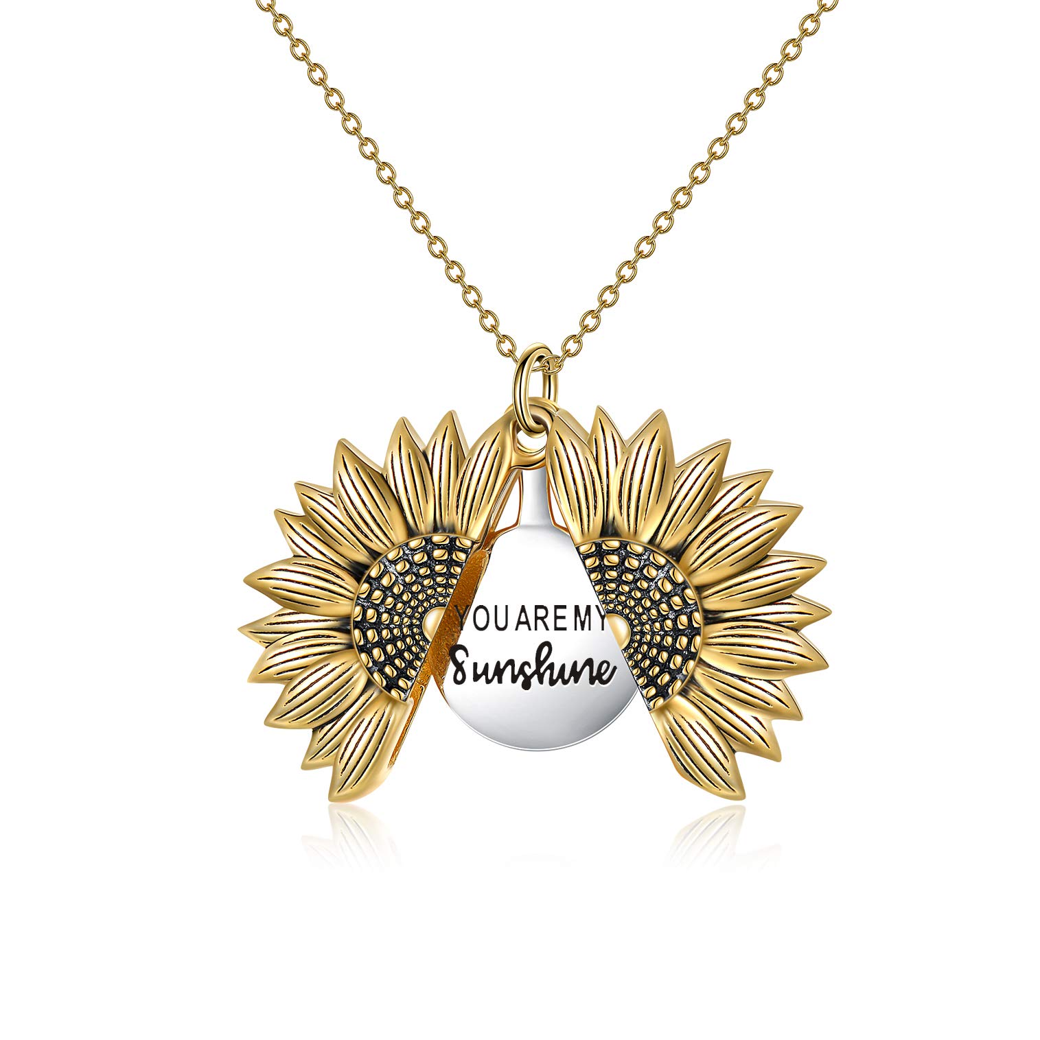 VONALA Sunflower Necklace for Women You are My Sunshine Engraved Locket 925 Sterling Silver Necklace (Yellow Gold Plated)