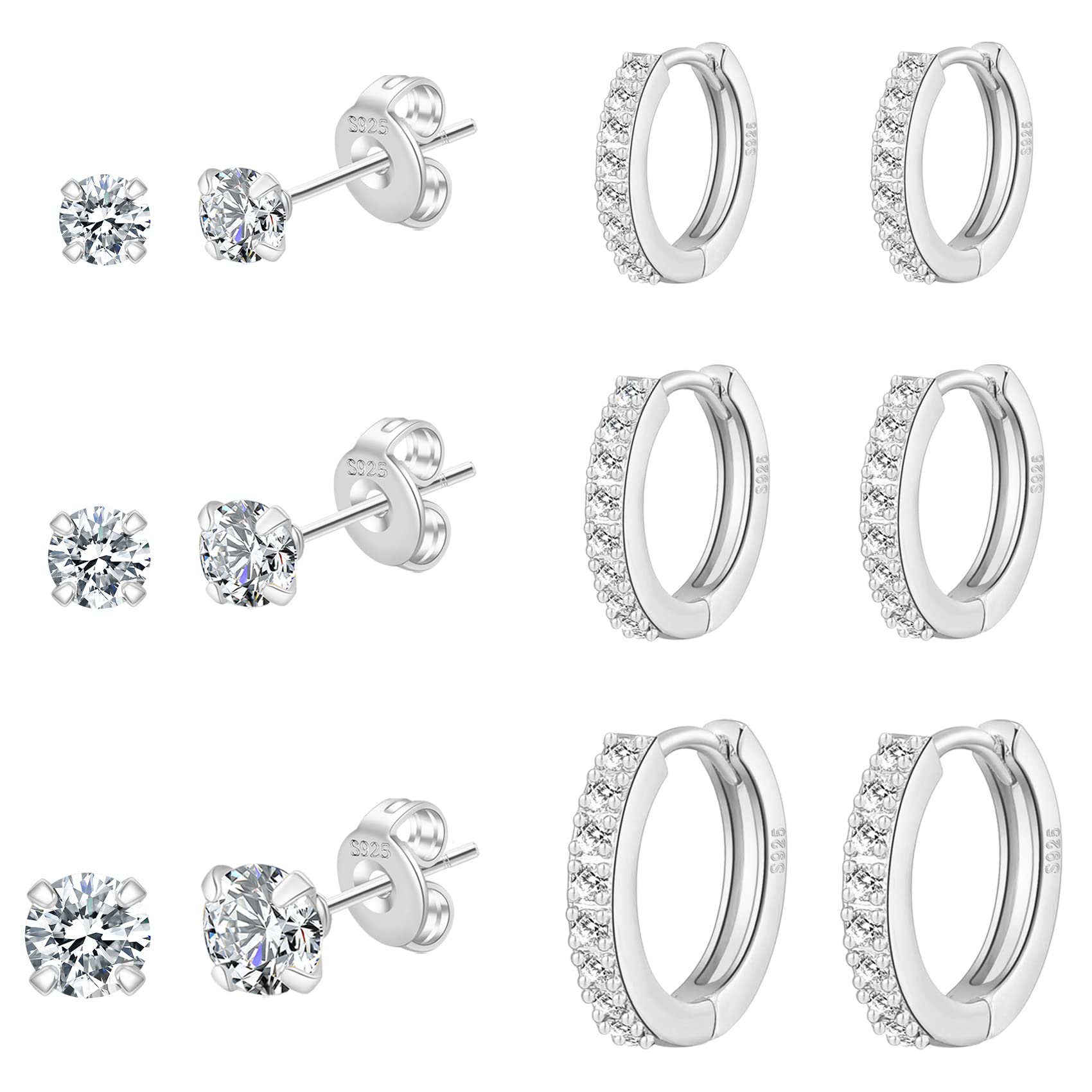 PRETOLE 6 Pairs Sterling Silver Stud Earrings for