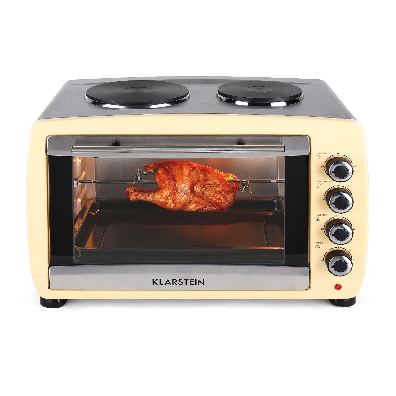 crema 2.000 W, 45 Litros, multifunción, grill giratorio, 2 placas de  cocción, función convección, 4 niveles, acero inoxidable Klarstein Omnichef  horno-grill eléctrico mini con placas de cocción Hornos para asado Hogar y