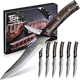 SYOKAMI Steak Knives Set of 6, 4.8 Inch Carbon Steel Japanese Style Non-Serrated Meat Knife with Damascus Pattern, Ergonomic Full-Tang Non-Slip Wooden Handle, Thanksgiving Christmas Cooking Gifts
