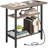 HOOBRO Side Table with Charging Station for Small Spaces, Greige and Black | Narrow End Table with Wide Storage Tabletop, Bedside Tables for Living Room, Narrow Nightstand with Shelves for Bedroom