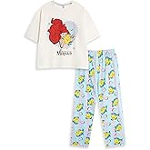 Disney The Little Mermaid Womens White Blue Yellow Short Sleeve Long Leg Pyjama Set | Ariel Flounder Print Sleepwear