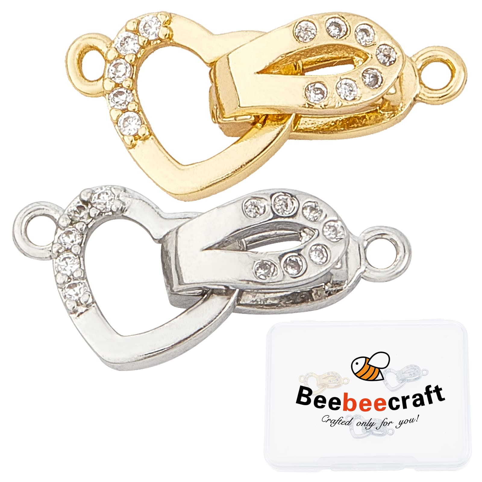 Beebeecraft 4 Sets Fold Over Clasp 18K Gold & Platinum Plated Heart Shape Bracelet Extenders Cubic Zirconia Bracelet Link Connector for Jewellery Making