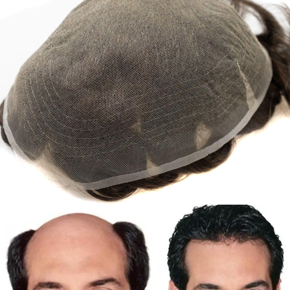 Hairnotion Mens Toupee 8x10 Inch Swiss Lace Light To Medium Density Human Hair Replacement system for Men (2#)