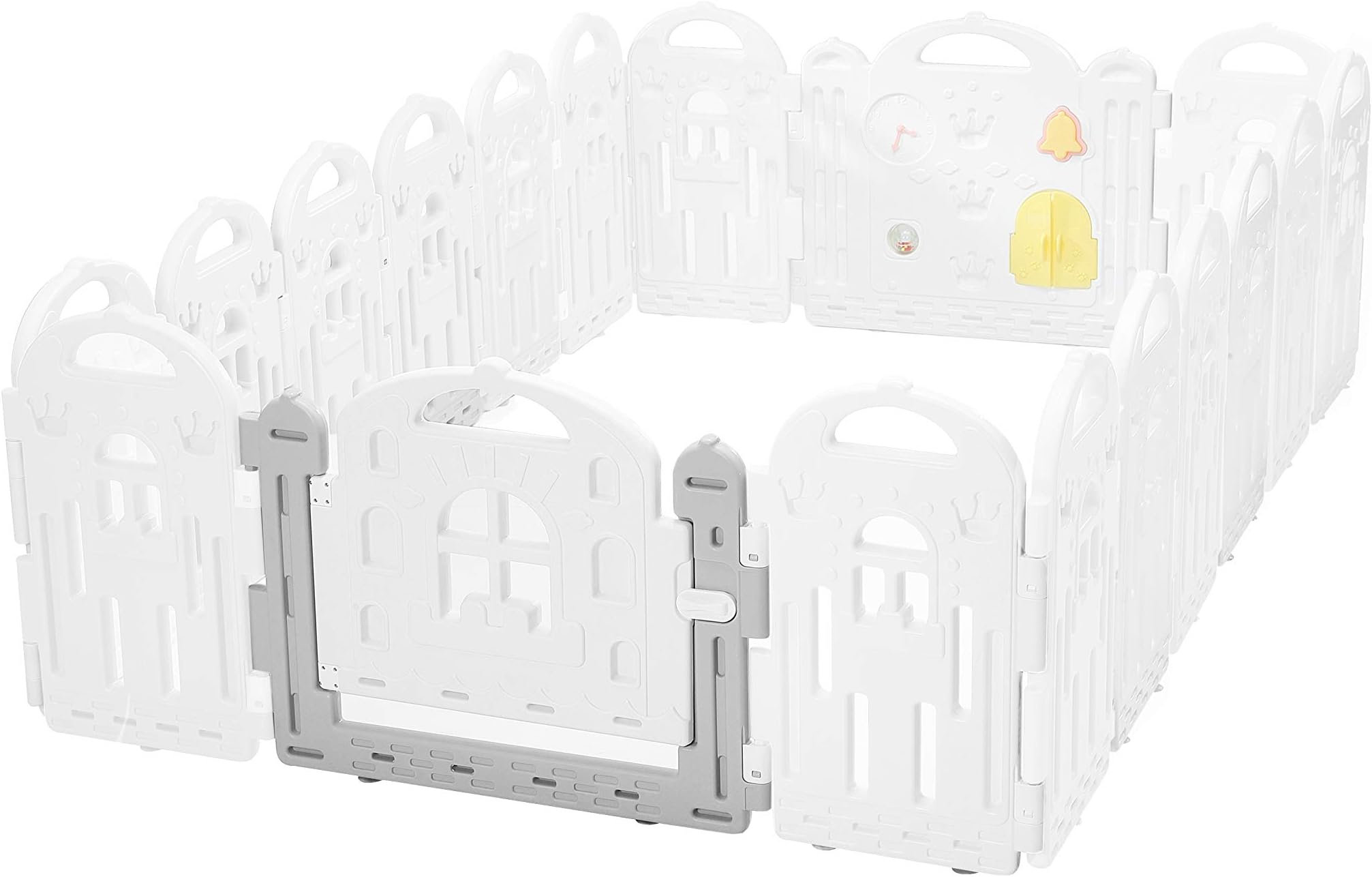 Baby Playpen, Castle Panel + 2 Gates | Portable Play Yard Gate for Babies, Infant, Toddlers | Large Indoor/Outdoor Plastic Play Pen with Panels | Safety Locking Playgate Fence for Kids (White, 16)
