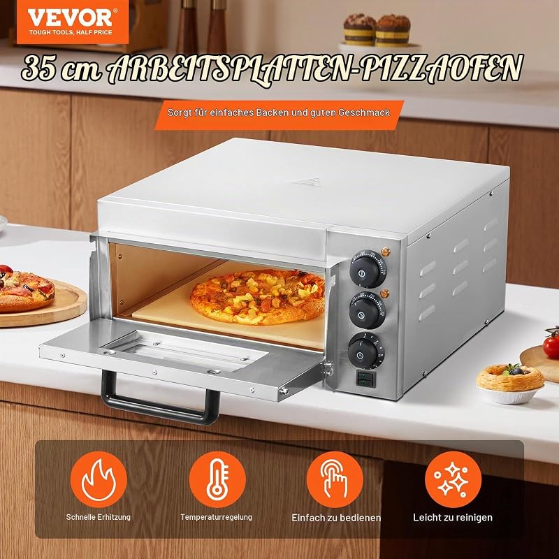 kommerzieller Pizzaofen Backofen Einzeldeckschicht 356 mm, elektrischer Pizzaofen aus Edelstahl mit drei Drehknöpfen, Mehrzweck-Pizzamaker Indoor, zum Backen im Restaurant, zu Hause, Silber