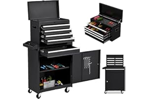 SumKea Tool Cabinet, Tool Chest with Wheels, Garage Tool Box, 5 Drawer Rolling Tool Chest and 2 Lockers, Detachable Storage Cabinet, for Garage Warehouse Workshop, Black