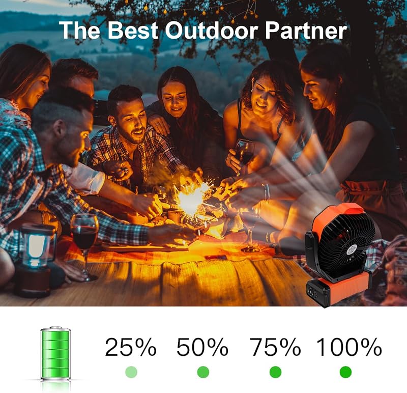 20000mAh Camping Ventilator, Wiederaufladbarer Tischventilator USB Ventilator mit LED Licht & Haken, 270° Drehung mit Fernbedienung, Clip Fan für Outdoor Camping Stromausfall Angeln (Orange)