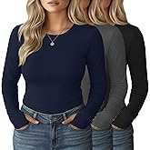 Evervibe 3 Pack Women's Plus Size Long Sleeve Shirts Crew Neck Slim Fitted Tops Casual Basic T-shirts with Thumb Holes