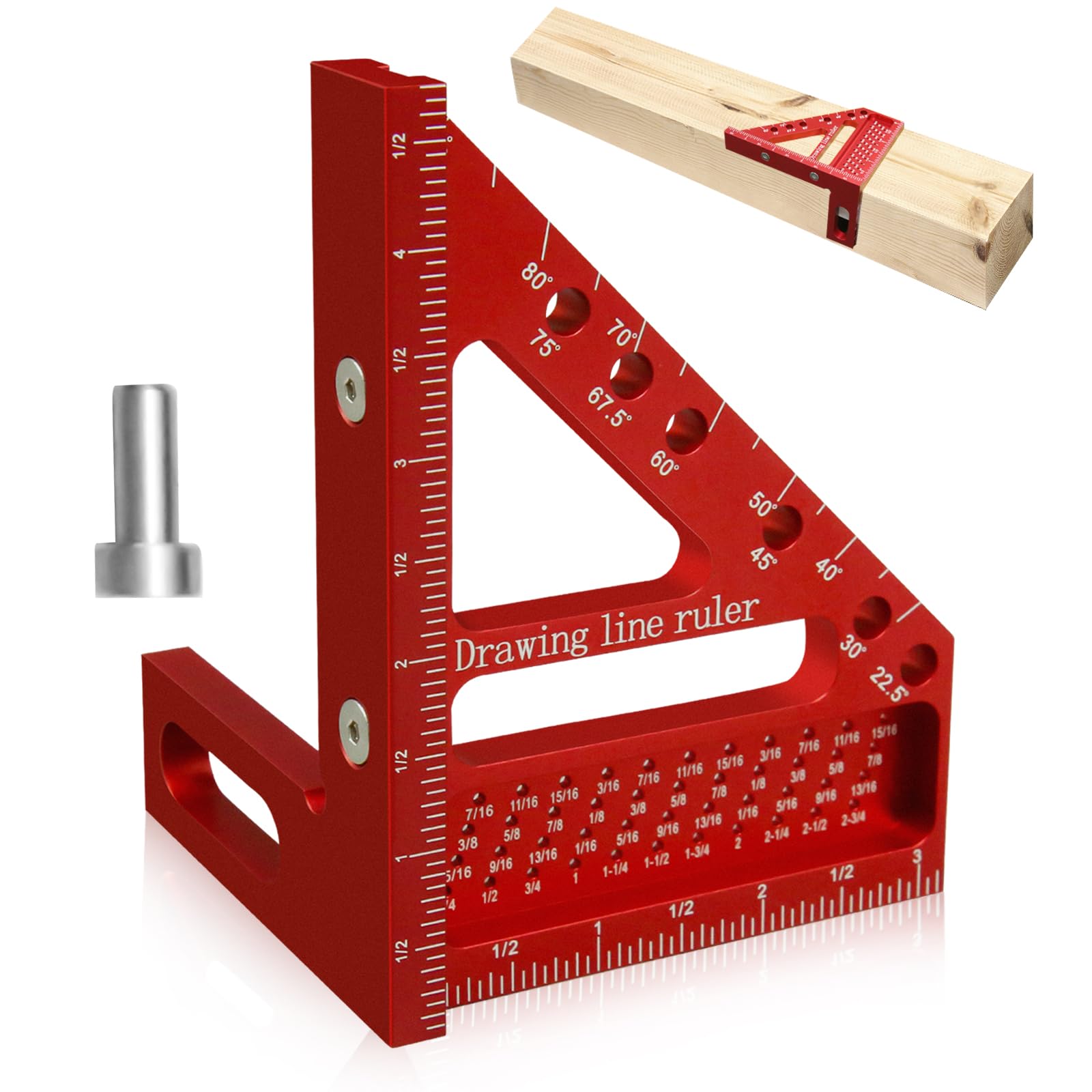 3D Multi Angle Measuring Ruler, Carpenter Square High Precision Square Woodworking Tool Measuring Layout Scribing Ruler, 22.5-90 Degree Aluminum Protractor with Angle Position Pin