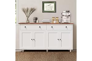 CATRIMOWN Buffet Cabinet with Storage, 55” Coffee Bar Cabinet with Drawers, Farmhouse Sideboard Buffet Cabinet with 4 Doors, Kitchen Buffet Storage Cabinet for Dinning Living Room, White