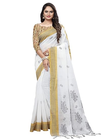 Women's Cotton Silk Saree with Unstitched Blouse Piece (Free size_White_GLPT01)