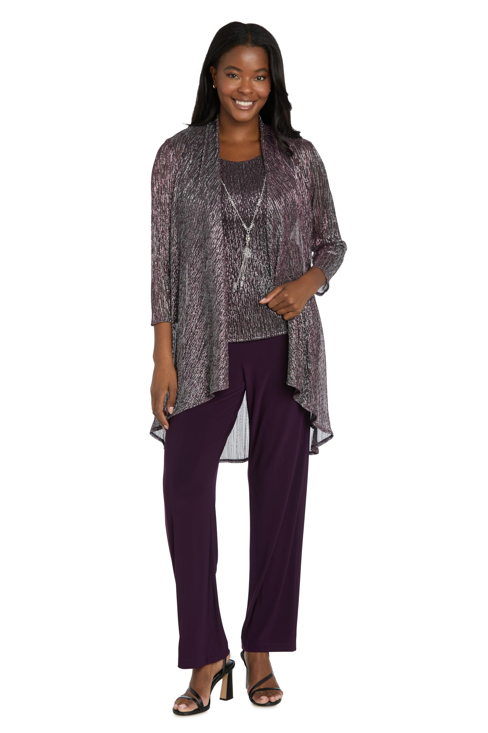 R&M Richards Women’s 3-Piece Crinkle Pant Set – Elegant Duster Jacket, Solid Pants & Tank Top W/Necklace – Evening Outfit