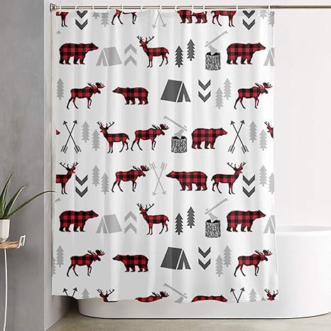 Jianyue Buffalo Plaid Woodland Moose Deer Bear Forest Shower