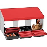 ZenxyHoC Chicken Nesting Box Red 3 Compartments | Metal Egg Laying Box with Rollout Egg Collection &amp; Swing Perch for Backyard Chicken