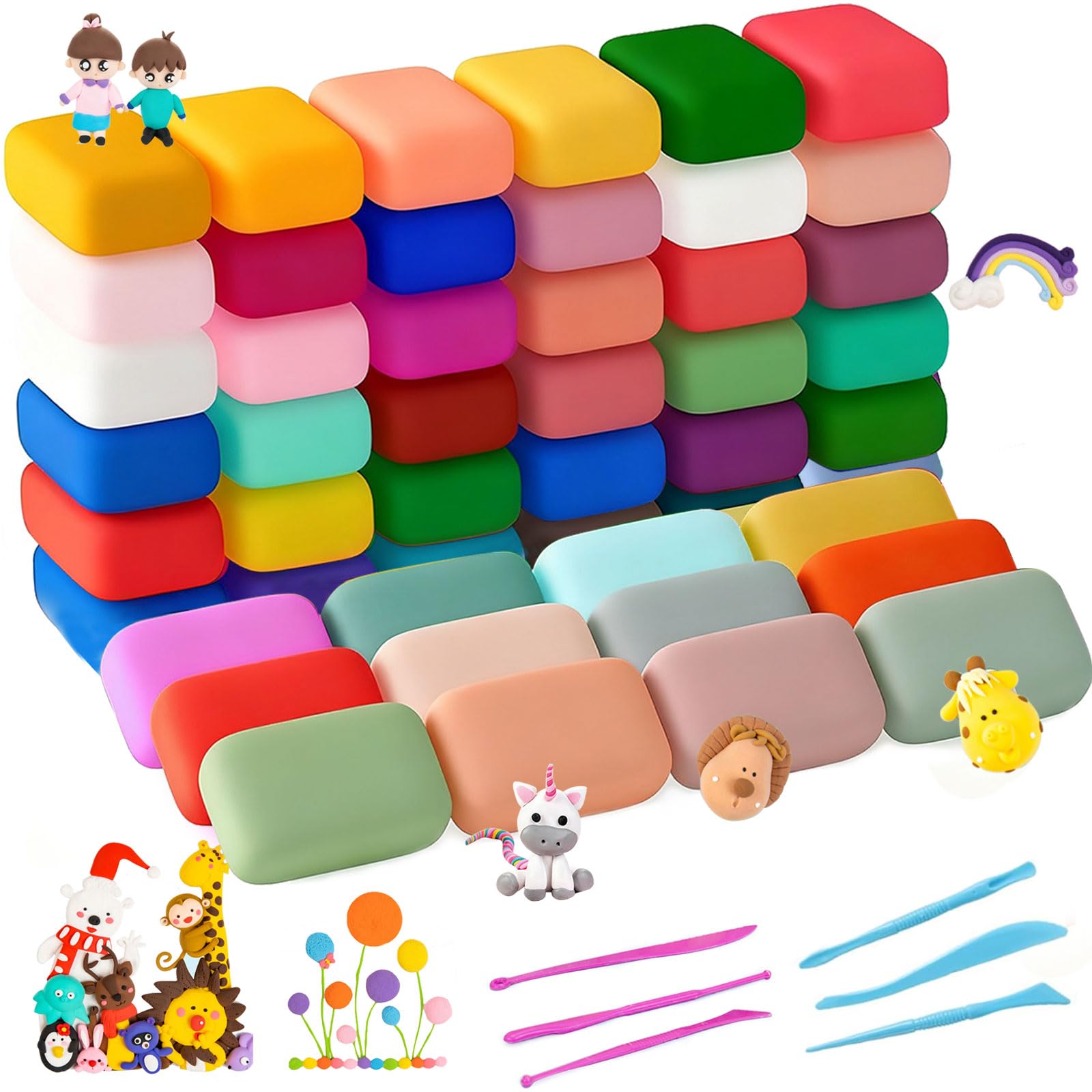 Houbobo Air Dry Clay 48 Colors, Creative Modeling Clay for Kids with 6 Sculpting Tools, Soft & Ultra Light, No-Toxic Magic Air Drying Clay, DIY Toys Gifts for Boys Girls Kids