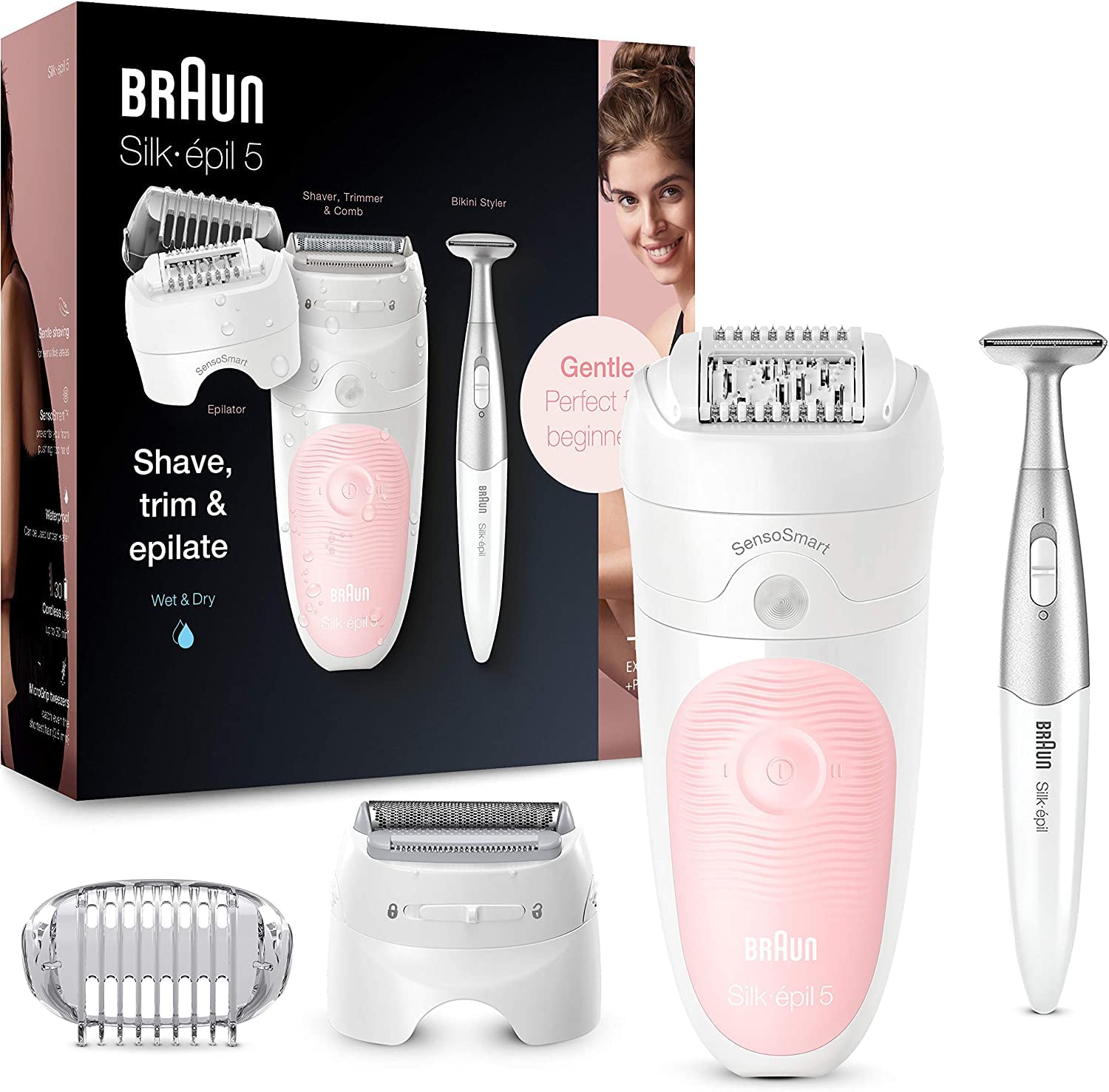 Braun Silk-épil 5 Epilator for Hair Removal, 3 in 1, Includes Shaver & Trimmer Head, Cordless, Gentle Hair Removal Setting, Wet & Dry, 100% Waterproof, 2 Pin Bathroom Plug, 5-820, White/Pink