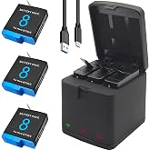 3 Pack Battery Replacement and Charger for GoPro Hero 8 7 6 5 Black | High Capacity Batteries Bank for Go Pro Hero8 Hero7 Hero6 Hero5 AABAT-001 AJBAT-001 AHDBT-501 Eight Seven with Charger Bundle