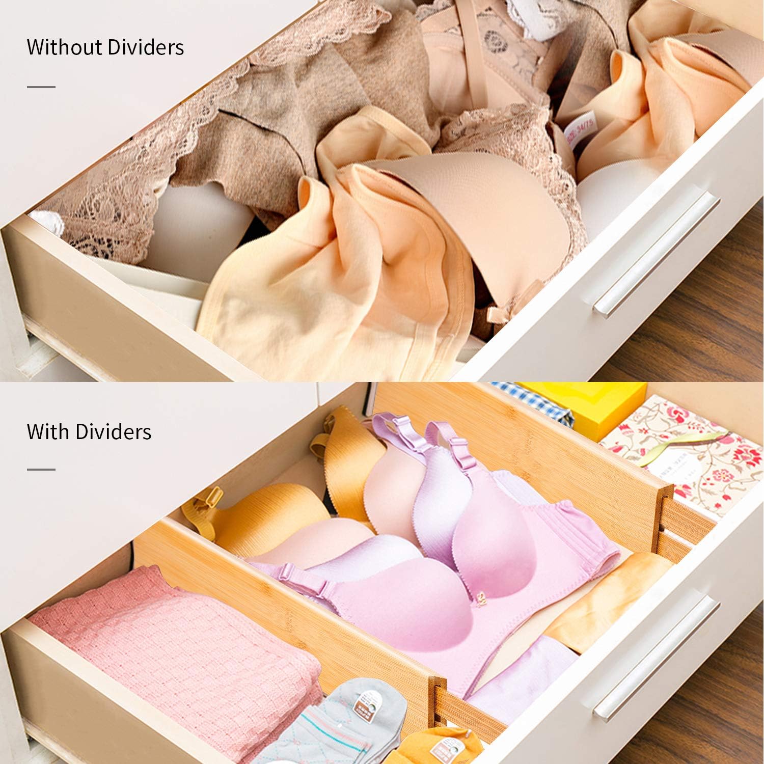 Utoplike 4 pcs Bamboo Kitchen Drawer Dividers(12.25-17.25IN),Adjustable Drawer Organizers,Spring Loaded,Works in Kitchen,Dresser,Bathroom,Bedroom,Baby Drawer,Desk: Home & Kitchen